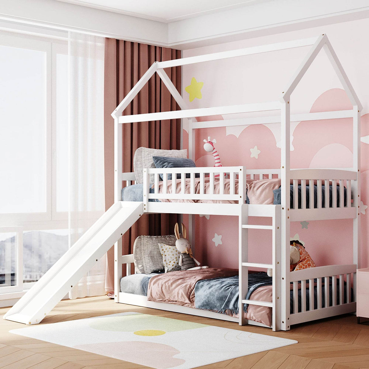 Twin Over Twin Solid Wood Bunk Bed With Slide