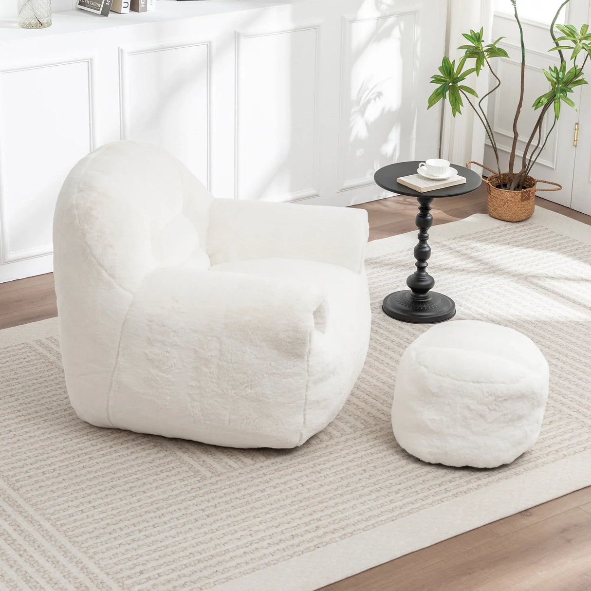 Faux Fur High Density Foam Bean Bag Chair With Footstool - Omega Lifestyles