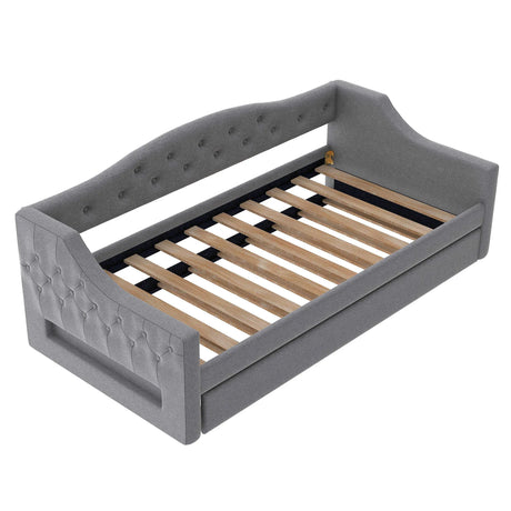 Twin XL Linen Upholstered Daybed With LED Lighting And Trundle - Omega Lifestyles