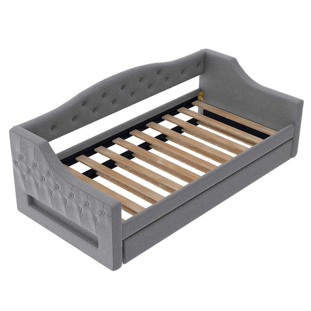 Twin XL Linen Upholstered Daybed With LED Lighting And Trundle - Omega Lifestyles