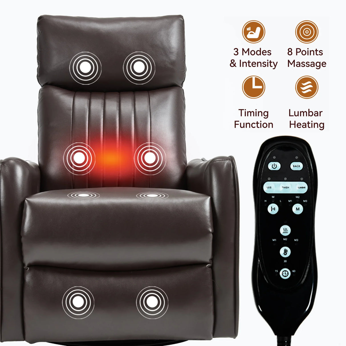 Brown Faux Leather Manual Heat Massage Recliner Chair - Omega Lifestyles