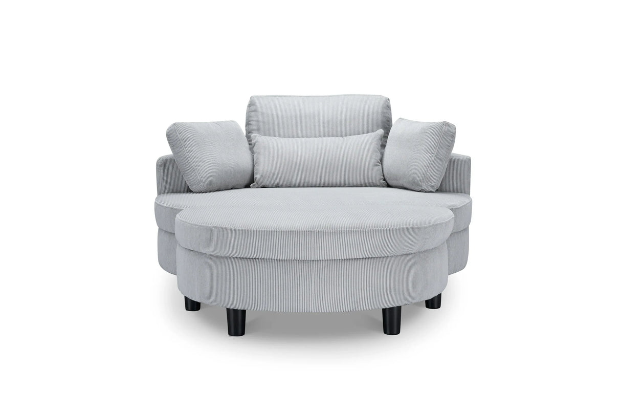 Gray Corduroy Round Sofa With Adjustable Headrest And Tray - Omega Lifestyles