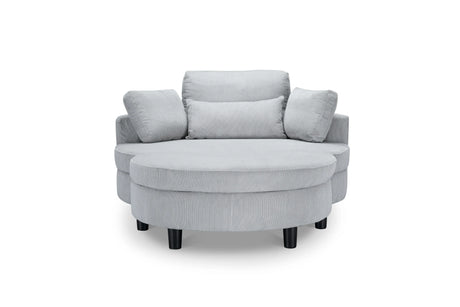 Gray Corduroy Round Sofa With Adjustable Headrest And Tray - Omega Lifestyles