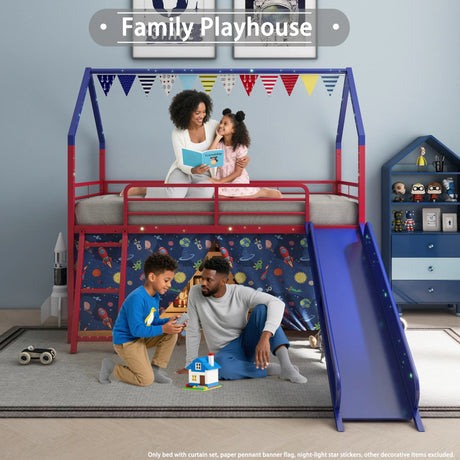 Twin Metal Junior House Loft Bed With Slide And Curtain - Omega Lifestyles
