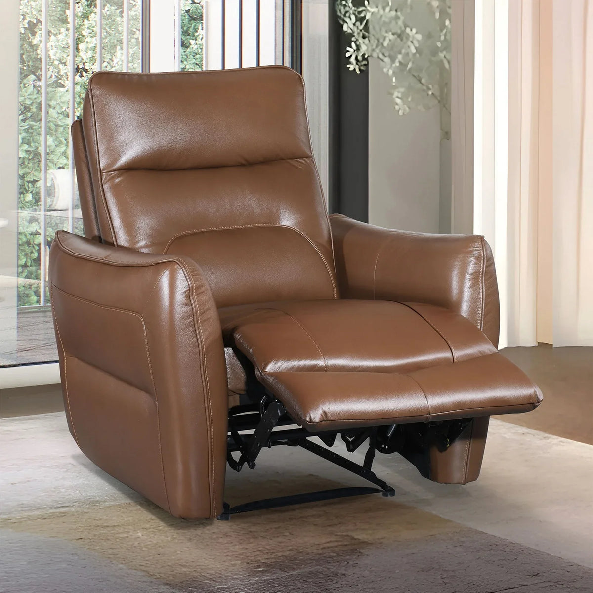 Contemporary Caramel Brown Leather Match Power Recliner - Omega Lifestyles