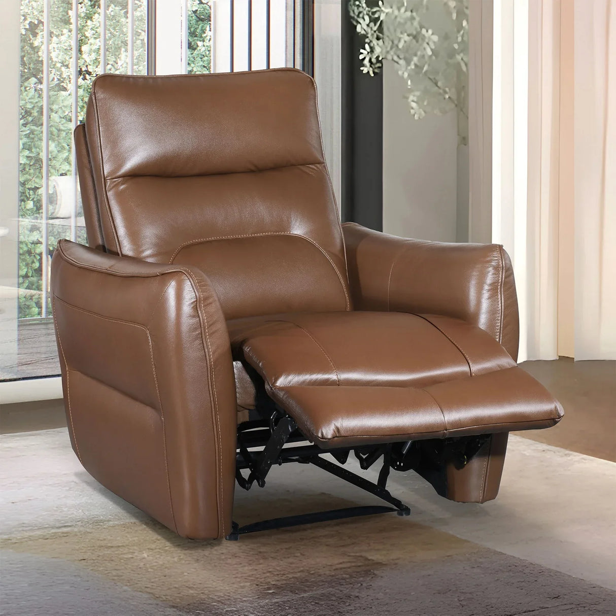 Contemporary Caramel Brown Leather Match Power Recliner - Omega Lifestyles