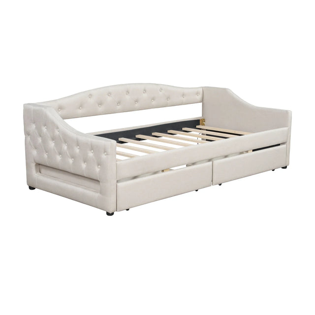 Twin XL Linen Upholstered Daybed With LED Lighting And Drawers - Omega Lifestyles