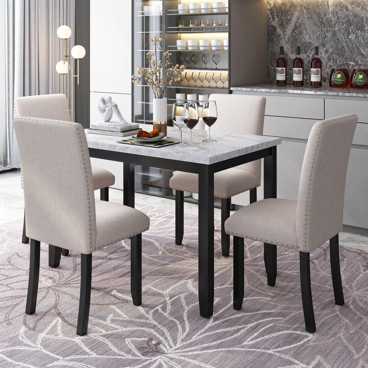5-Piece Faux Marble Dining Table Set With Cushioned Chairs - Omega Lifestyles