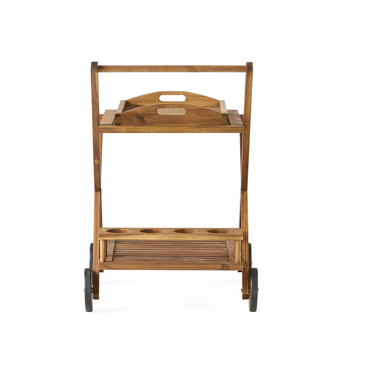Natural Stained Acacia Wood Mobile Bar Cart With Wheels - Omega Lifestyles