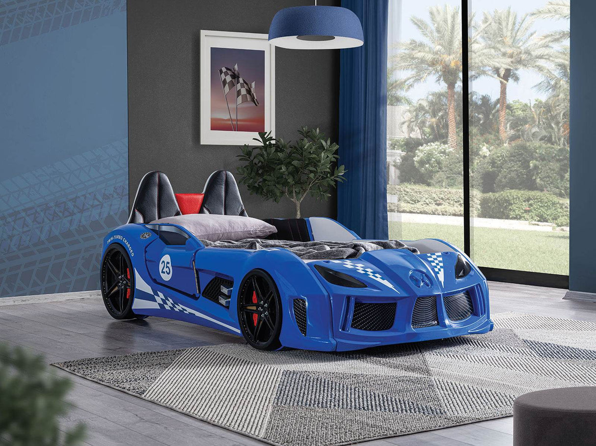 Twin Leatherette Race Car Bed With LED Lights