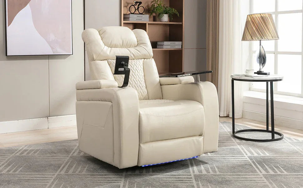 Power PU Leather Recliner Chair With Tray Table USB Port - Omega Lifestyles