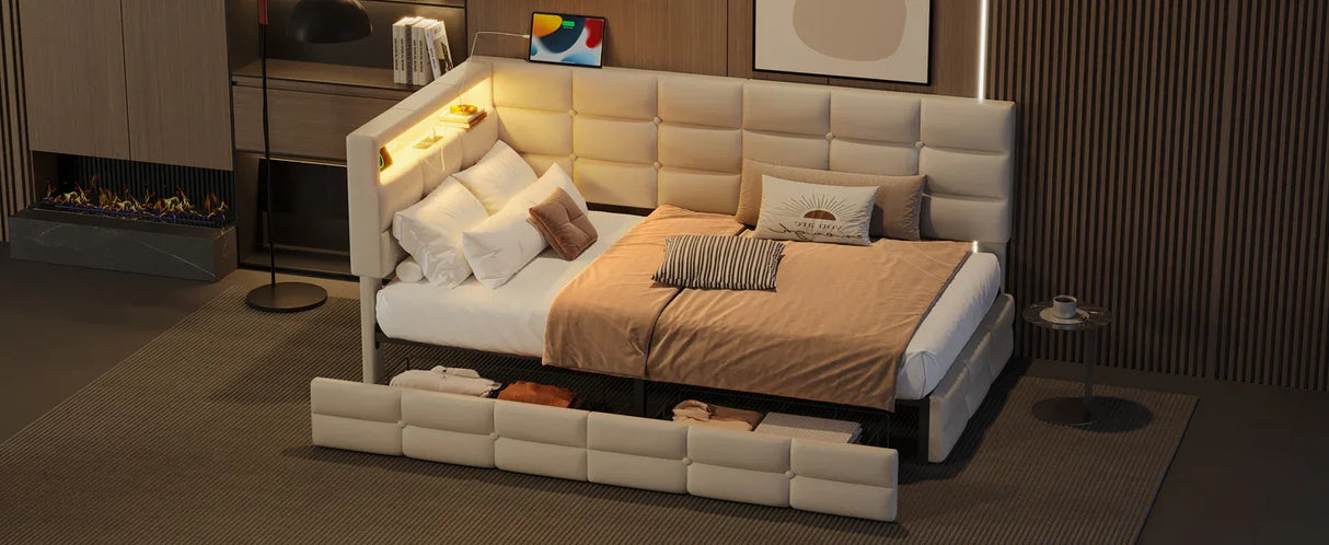 Upholstered Twin Daybed With Storage Drawers And Charging Station - Omega Lifestyles