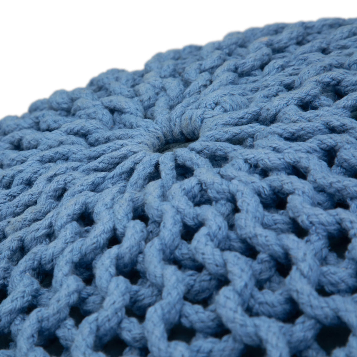 Hand Knit Round Blue Fabric Pouf Accent Stool - Omega Lifestyles