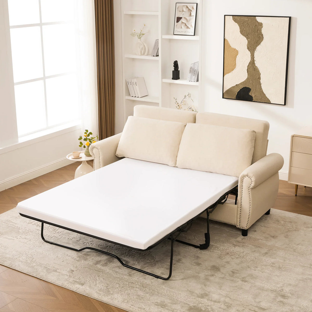 Modern Linen 2-in-1 Sleeper Sofa Bed With Memory Foam Mattress - Omega Lifestyles