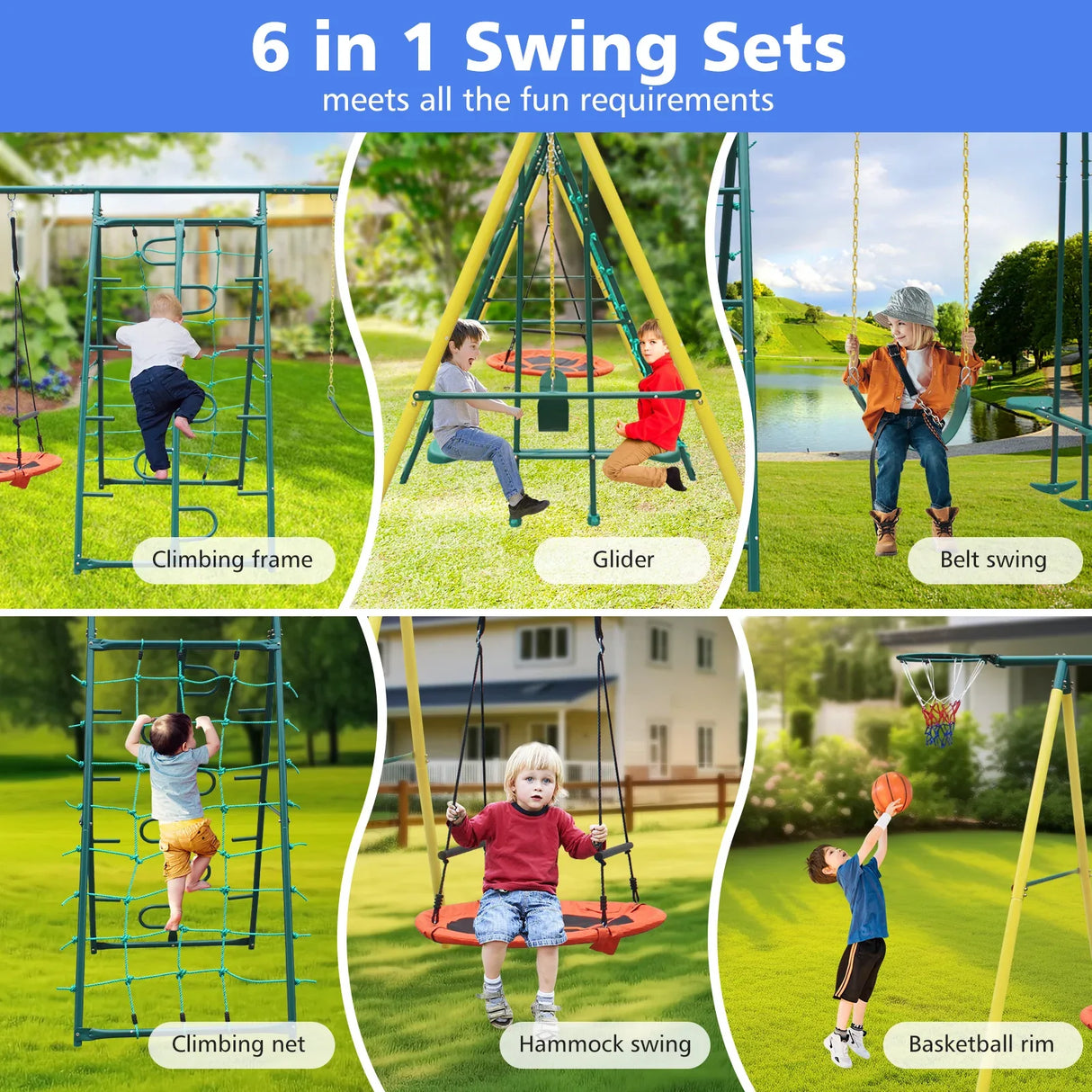6-in-1 Steel Frame Kids Backyard Swing Set - Omega Lifestyles