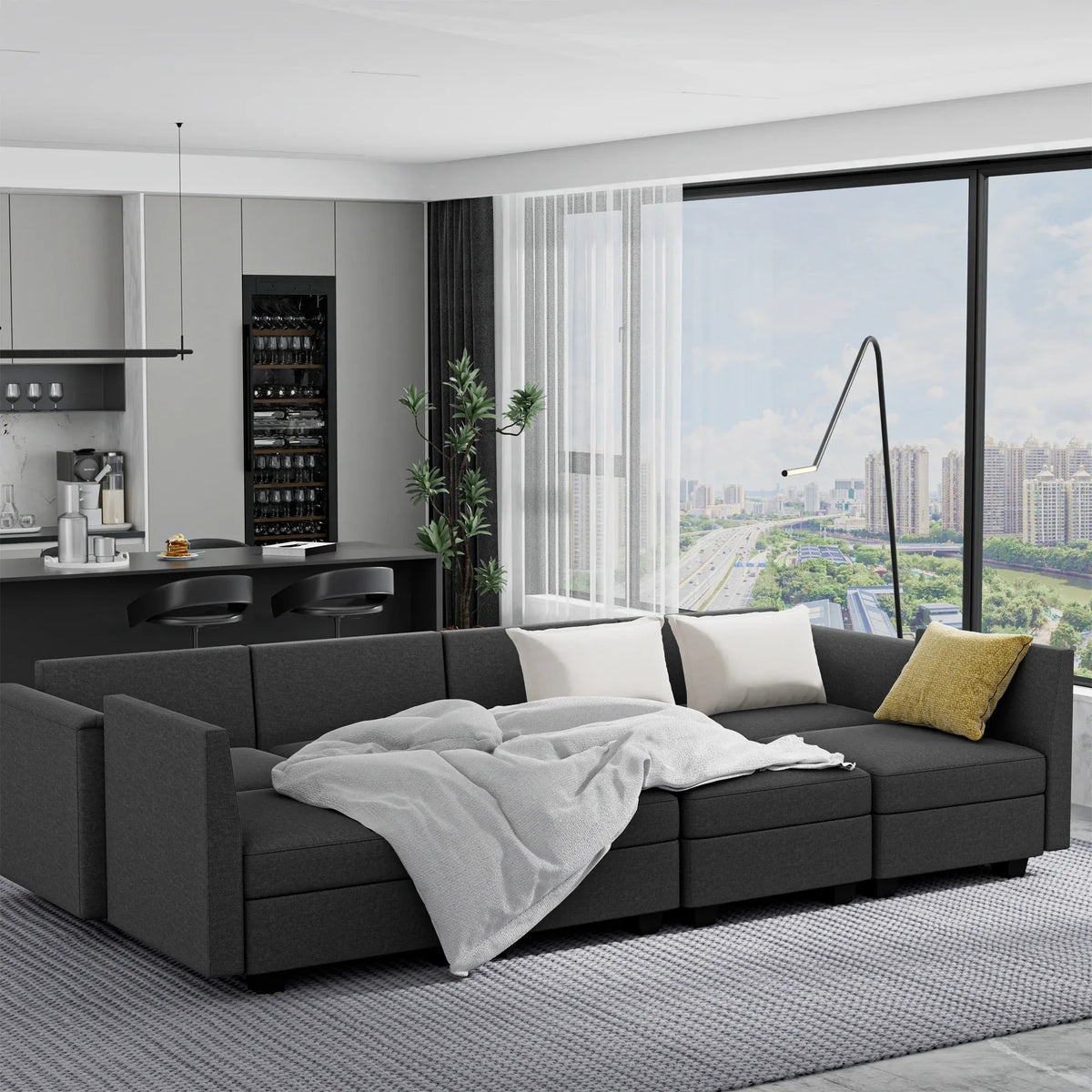 Modern 6-Seater Modular Sectional Sofa With Ottoman Storage - Omega Lifestyles