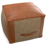 Top-Grain Leather Round Pouf Ottoman With Jute - Omega Lifestyles
