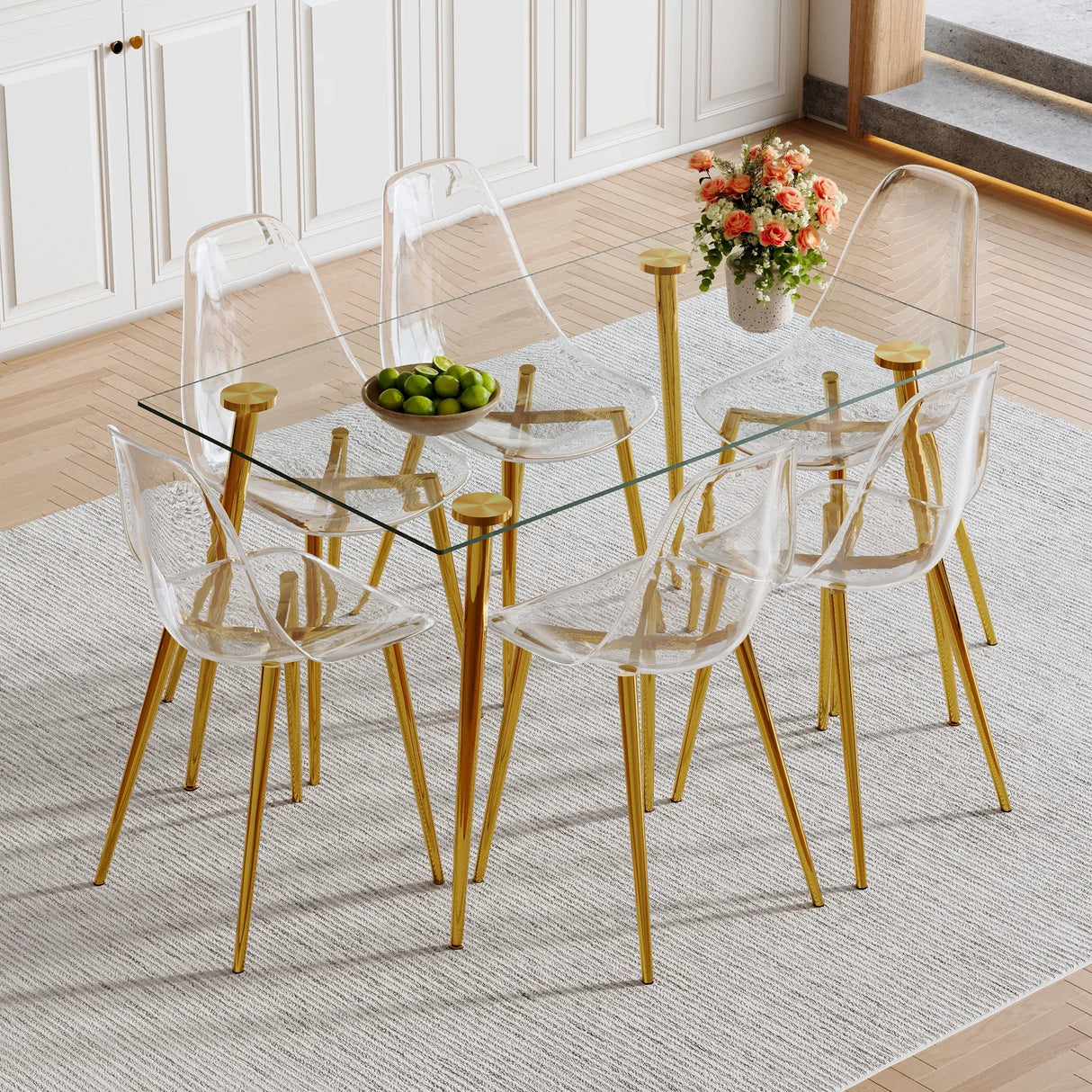 Modern Tempered Glass Dining Table And 6 Gold Chairs Set - Omega Lifestyles