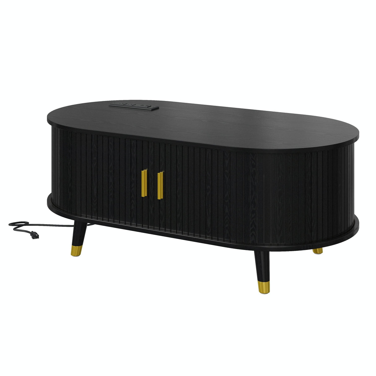 Mid-Century Modern Black Fluted Coffee Table With Charging Station - Sleep Galleria