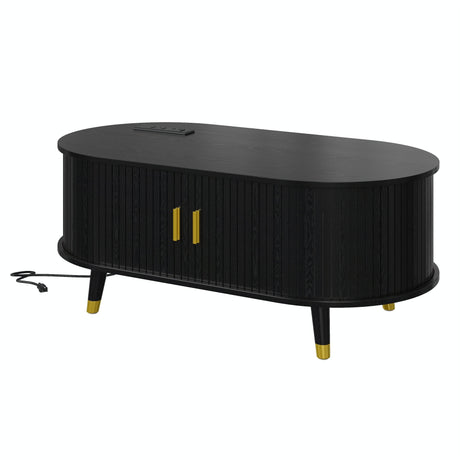 Mid-Century Modern Black Fluted Coffee Table With Charging Station - Sleep Galleria