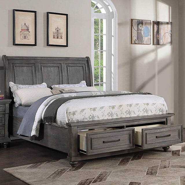 Transitional Antique Gray Eastern King Storage Bed Frame - Omega Lifestyles