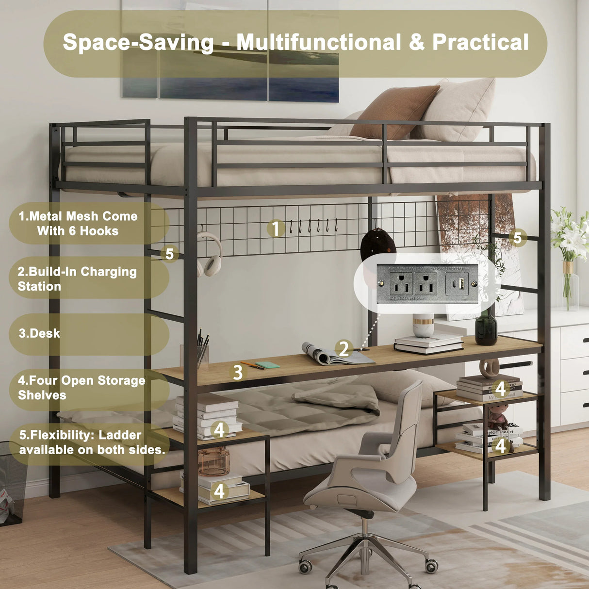 Full Over Twin Metal Bunk Bed With Desk Charging Station - Omega Lifestyles