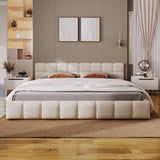King Soft Beige Chenille Upholstered Bed With Checkerboard Design