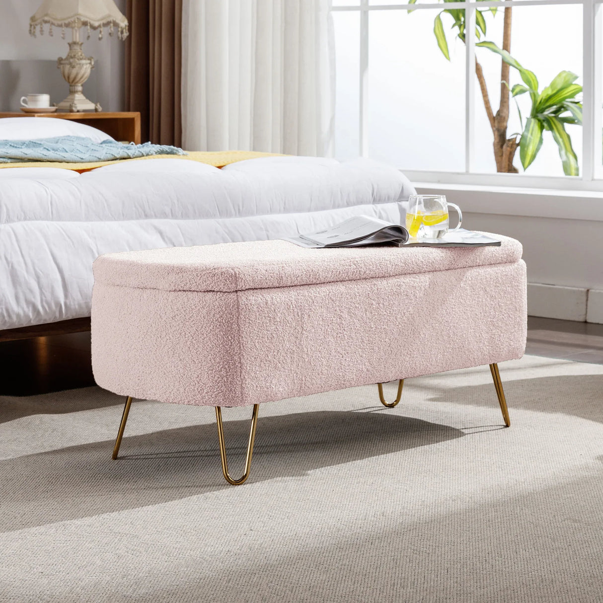 Pink Faux Fur Upholstered Storage Bench With Gold Legs - Omega Lifestyles