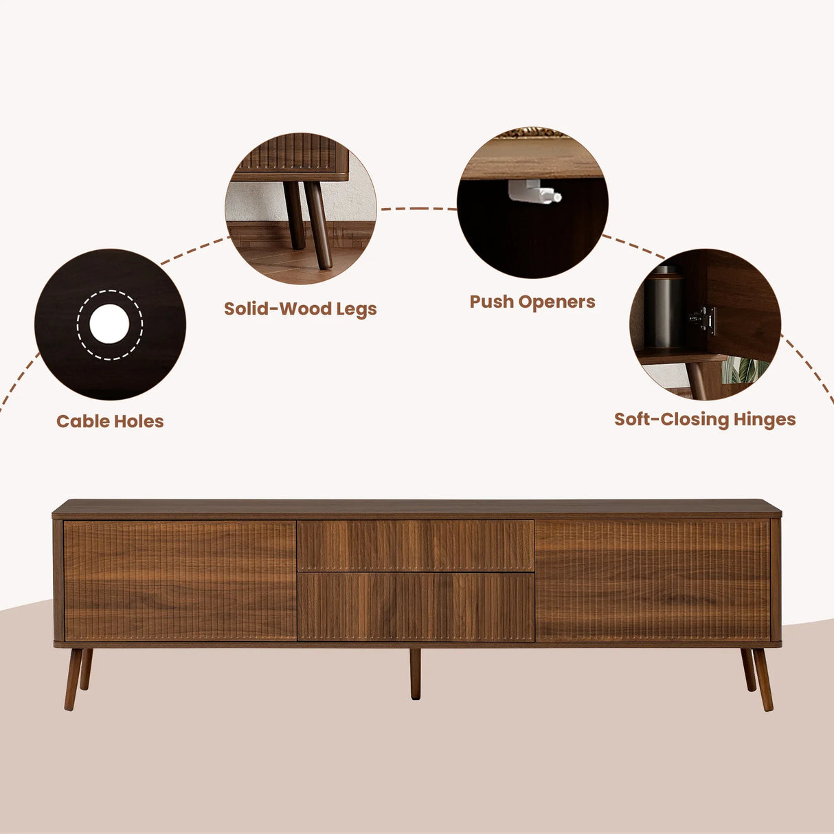 70-Inch Walnut Fluted Modern TV Stand With Storage - Omega Lifestyles