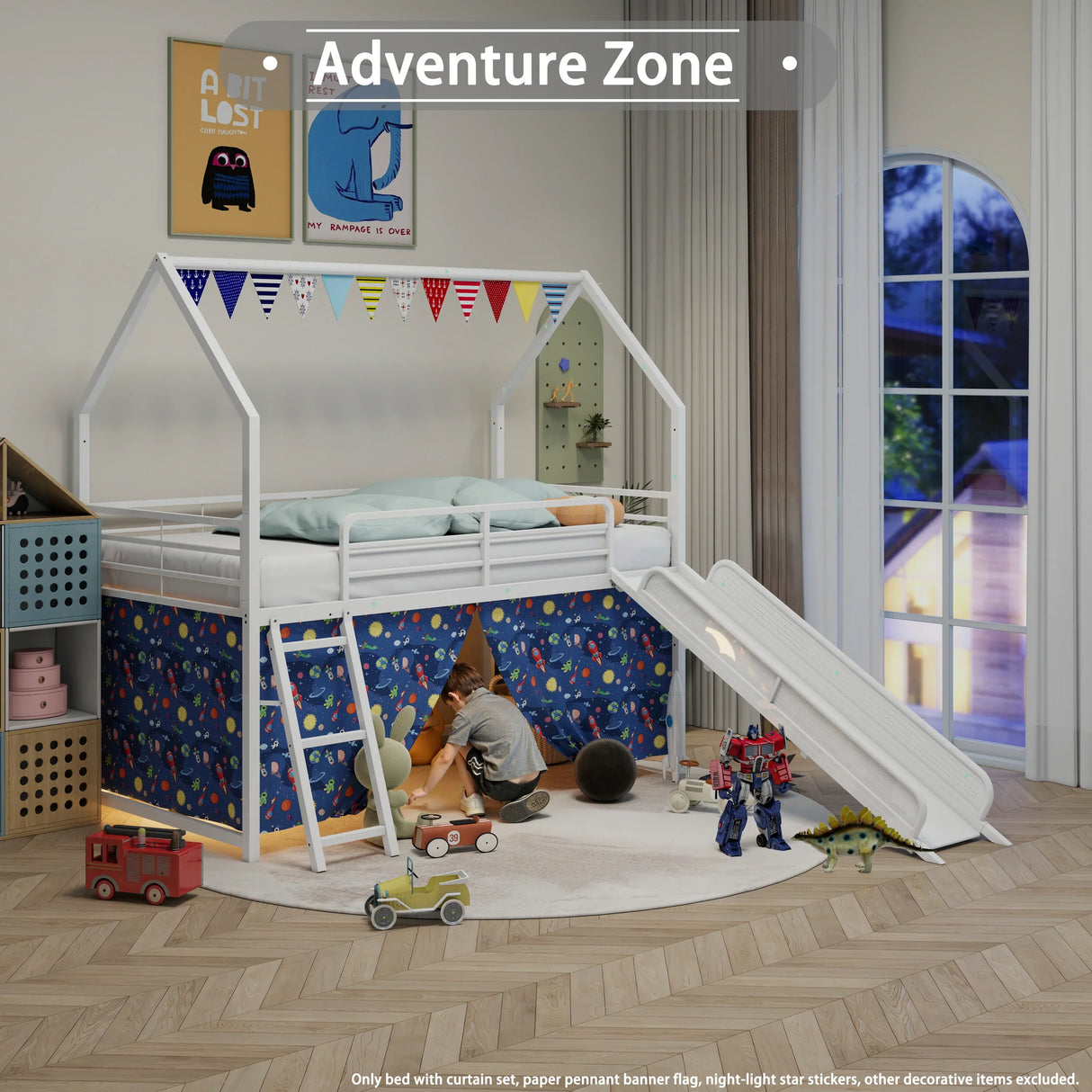 Twin Metal Junior House Loft Bed With Slide And Curtain Set - Omega Lifestyles