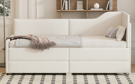 Twin L-Shaped Corduroy Upholstered Daybed With Storage Drawers - Omega Lifestyles