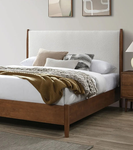 Queen Mid-Century Modern Walnut Beige Wood Bed Frame - Omega Lifestyles
