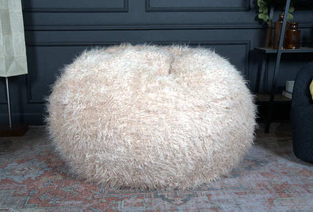 Rounded Faux Fur Taupe Foam Filled Bean Bag Seating - Omega Lifestyles