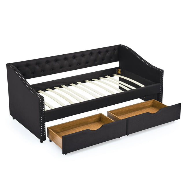 Twin Upholstered Tufted Linen Daybed With Drawers - Omega Lifestyles