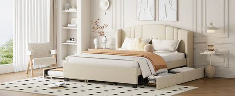 Queen Upholstered Platform Bed With Wingback Headboard Trundle - Omega Lifestyles