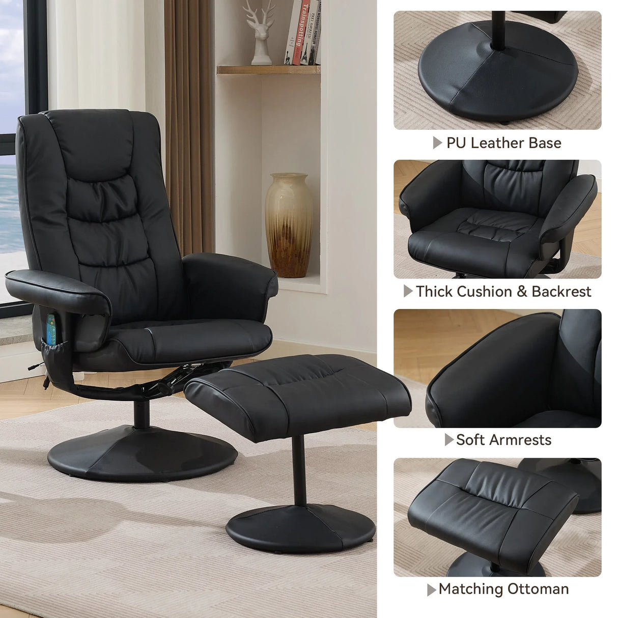 PU Leather Recliner Chair With Ottoman Heated Massage - Omega Lifestyles