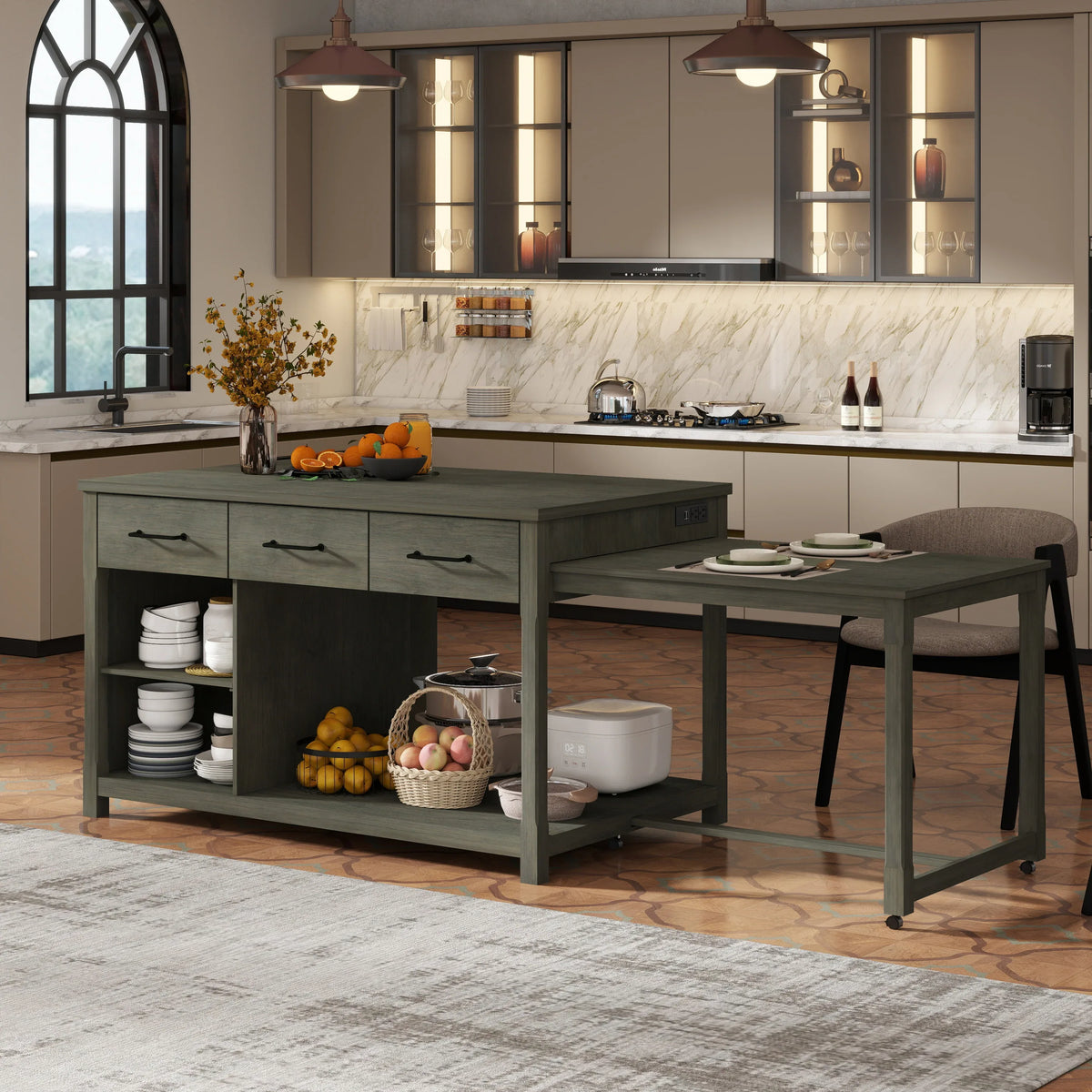 Expandable Retro Kitchen Island With Built-In Power Outlets - Omega Lifestyles