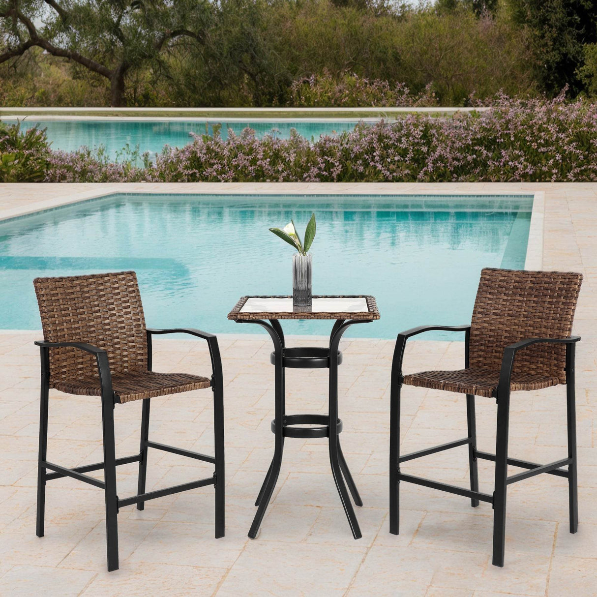 3-Piece Outdoor Brown Steel Rattan Bar Stools Set