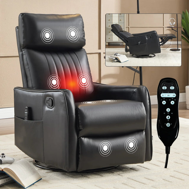 Black Faux Leather Medium-Firm Heat Massage Recliner Chair - Omega Lifestyles
