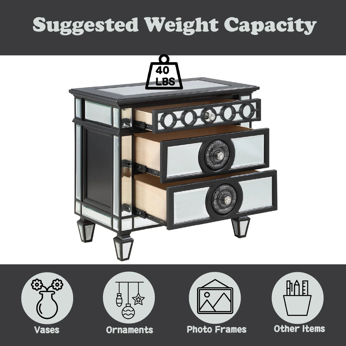 Mirrored Black Silver Finish Two-Drawer Nightstand - Omega Lifestyles