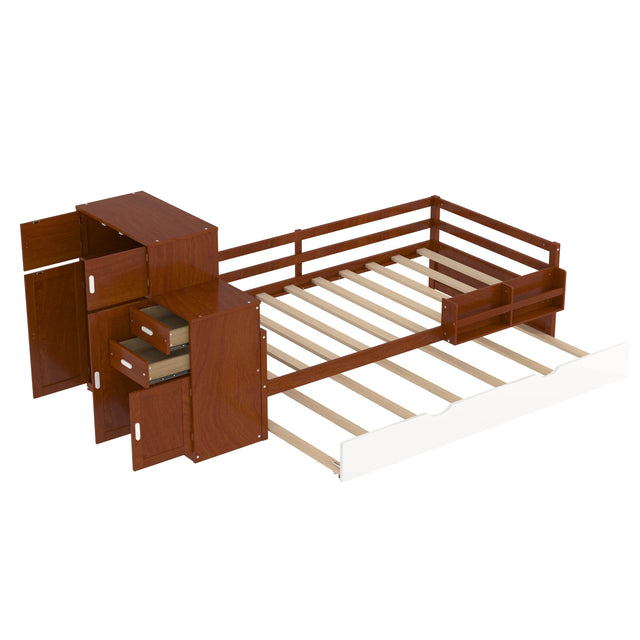 Twin Wood Platform Bed With Bookshelf Movable Wardrobe And Trundle - Omega Lifestyles
