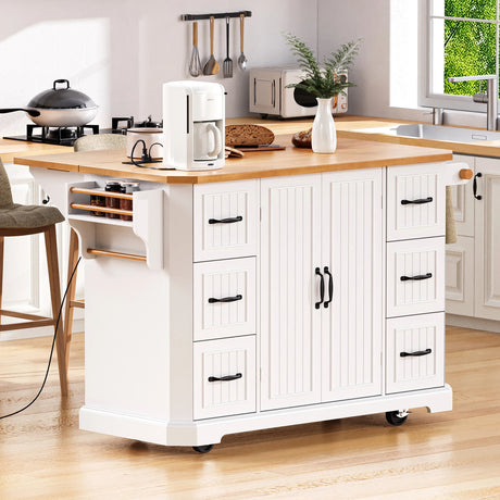 Rustic White Rubber Wood Rolling Kitchen Island Cart - Omega Lifestyles