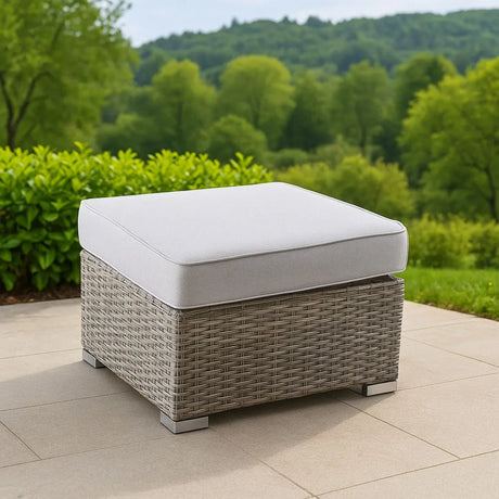 Modern Grey Wicker Outdoor Ottoman With Ultra-Soft Cushion - Omega Lifestyles