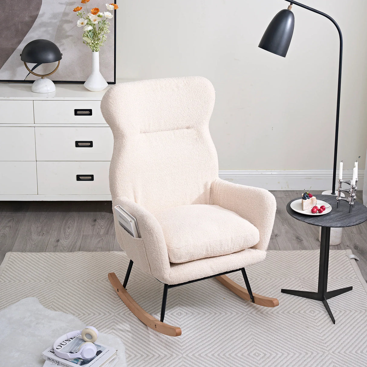 Beige Cotton Upholstered Ergonomic Rocking Chair - Omega Lifestyles