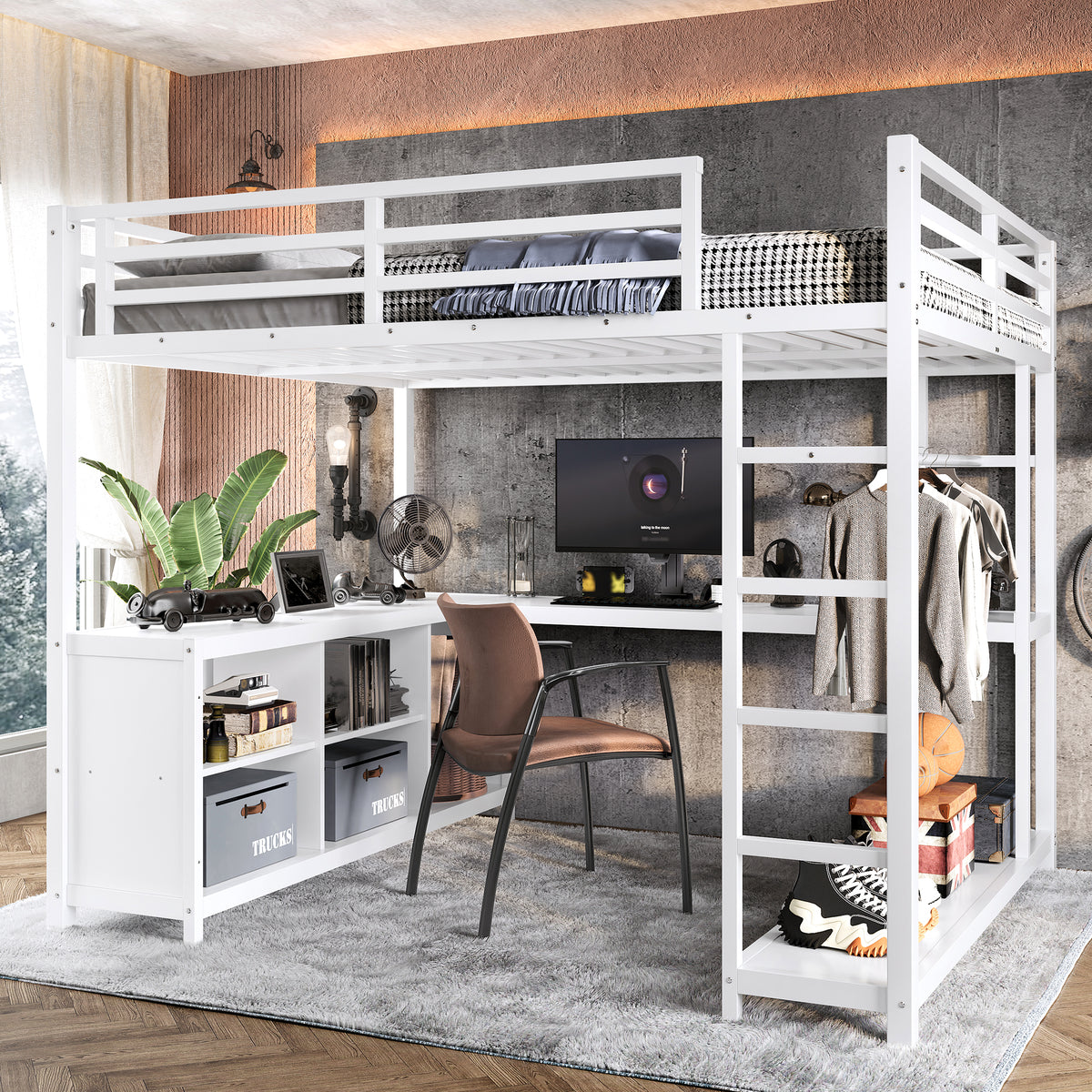 Queen White Metal Loft Bed With Desk And Wardrobe