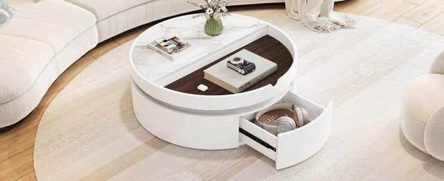 Modern White Walnut Round Lift-Top Coffee Table With Drawer - Omega Lifestyles