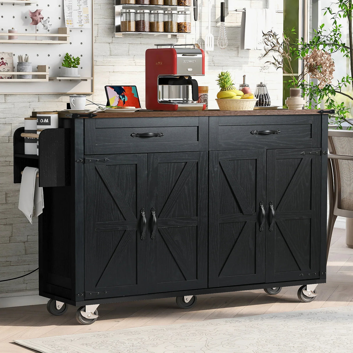 Farmhouse Style Rolling Kitchen Island With Power Outlet - Omega Lifestyles