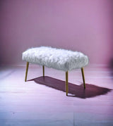 White Faux Fur Armless Backless Gold Finish Bench - Omega Lifestyles