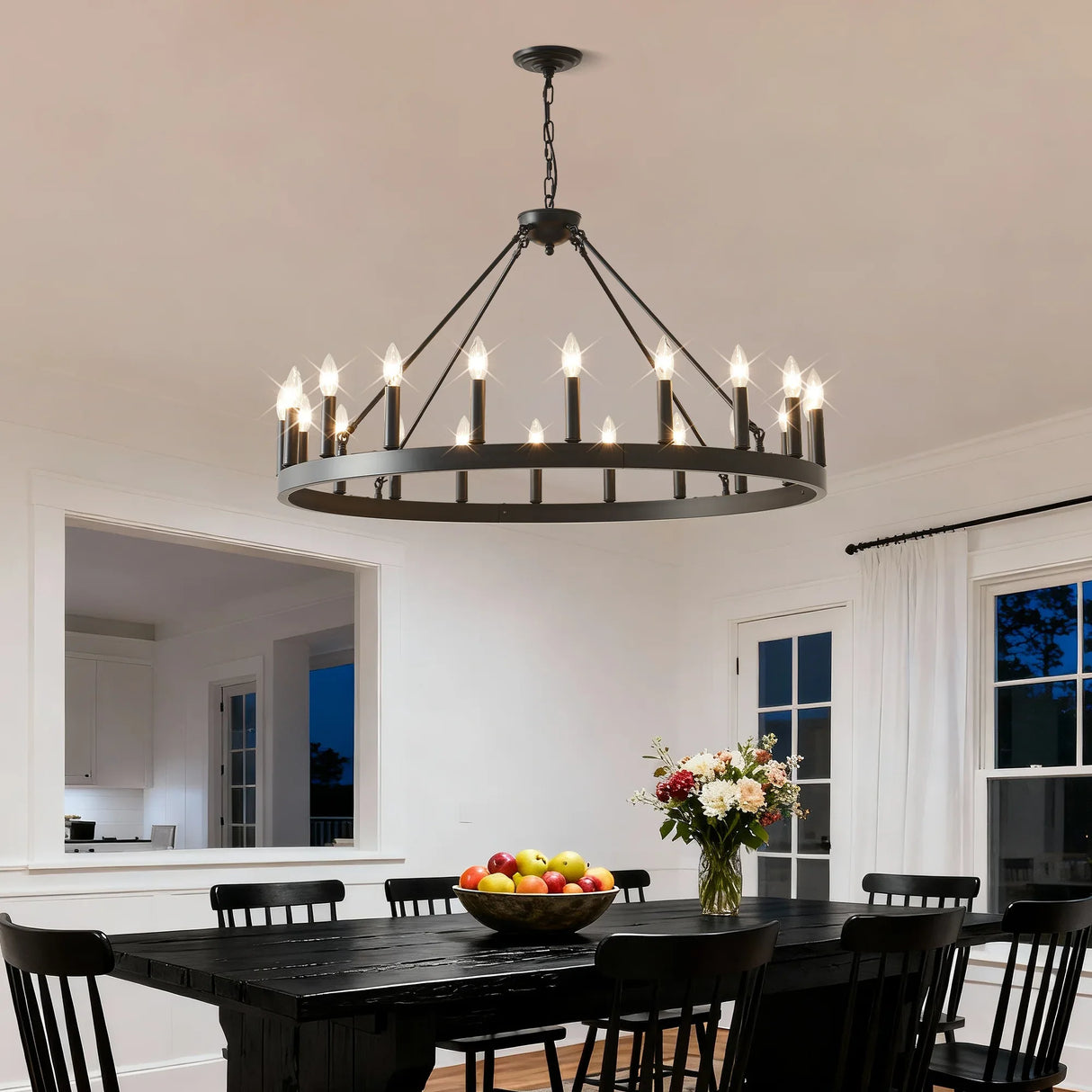 Matte Black 20-Light Farmhouse Wagon Wheel Chandelier - Omega Lifestyles