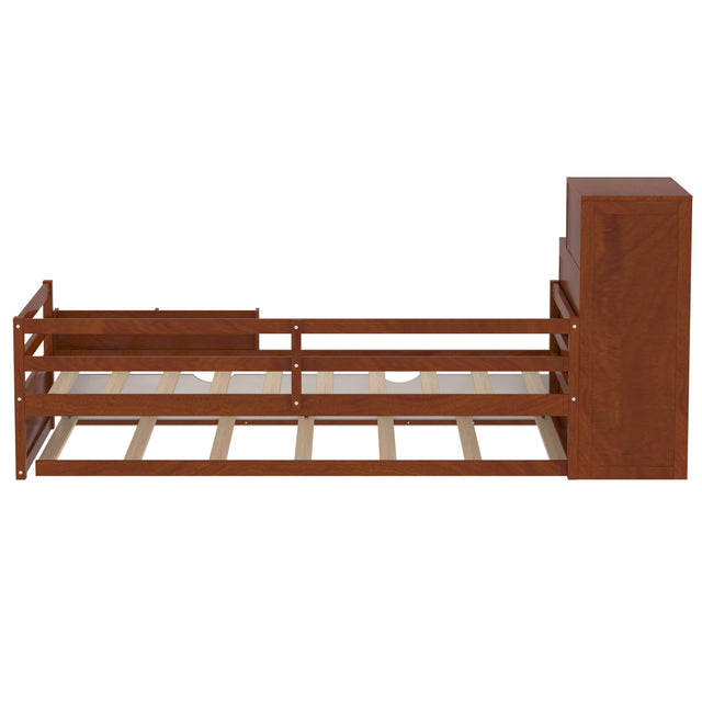 Twin Wood Platform Bed With Bookshelf Movable Wardrobe And Trundle - Omega Lifestyles